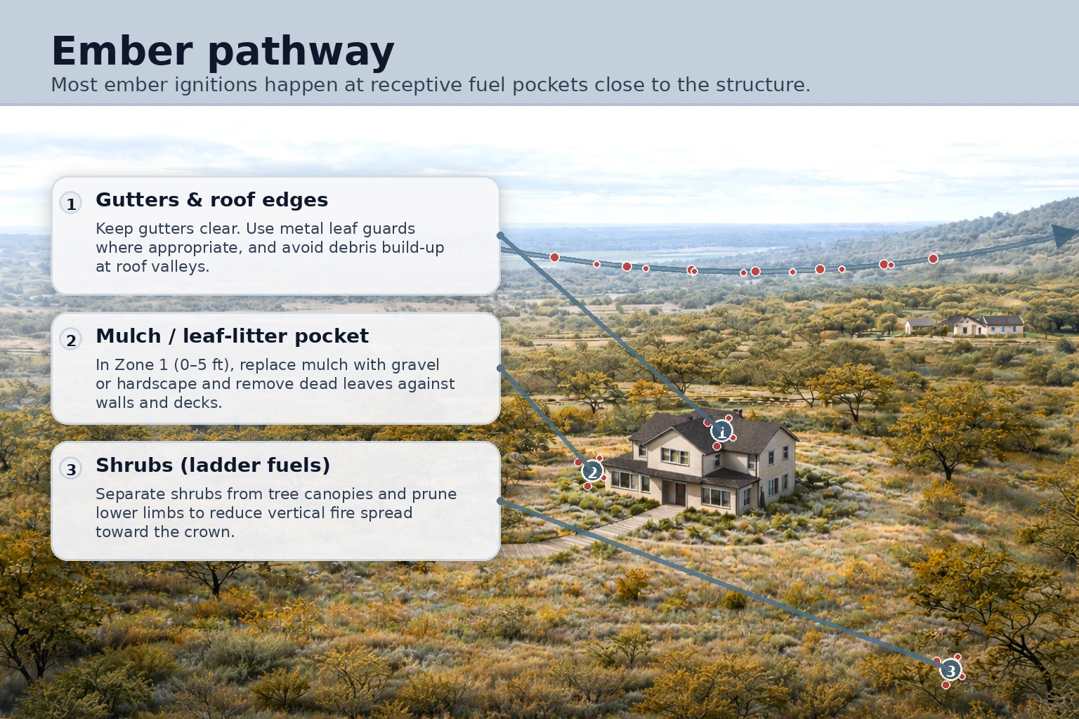 Ember pathway diagram showing wind-driven embers landing in gutters, mulch, and shrubs next to a house