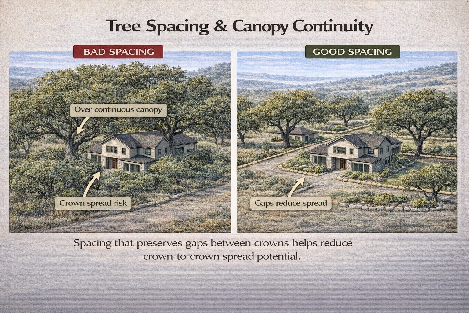 Bad vs. good tree spacing: continuous canopy over a house compared with crown gaps that reduce spread